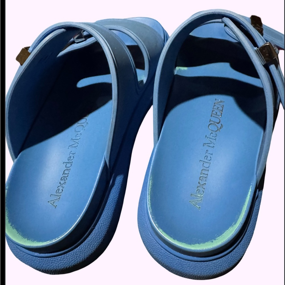 Alexander McQueen Sky Blue Buckle Slides - Picture 4 of 10